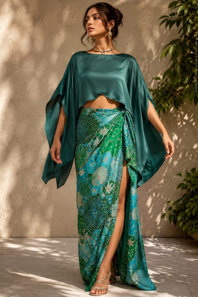 Ocean Bloom Embellished  embroided Wrap Skirt with Satin Kaftan Top Set
