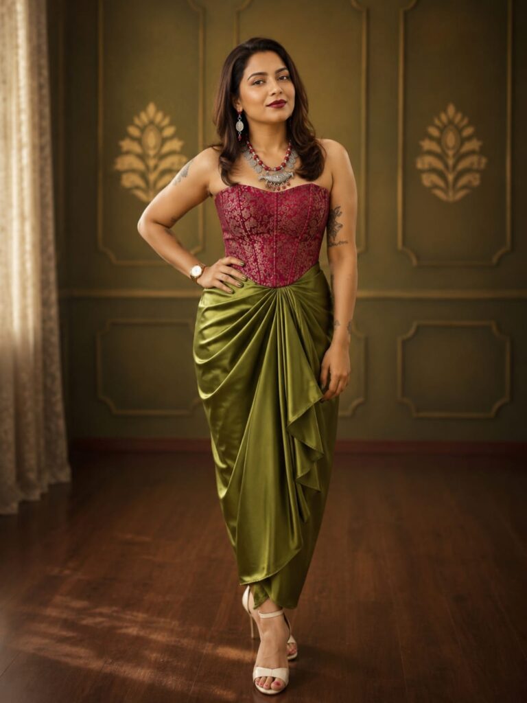 Olive Green Satin Draped Skirt with MEGENTA Brocade Crop Top Set