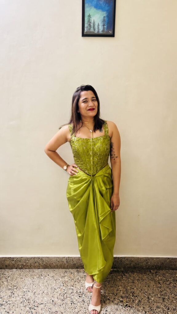 Olive Green Satin Draped Skirt with OLIVE GREEN Brocade Crop Top Set