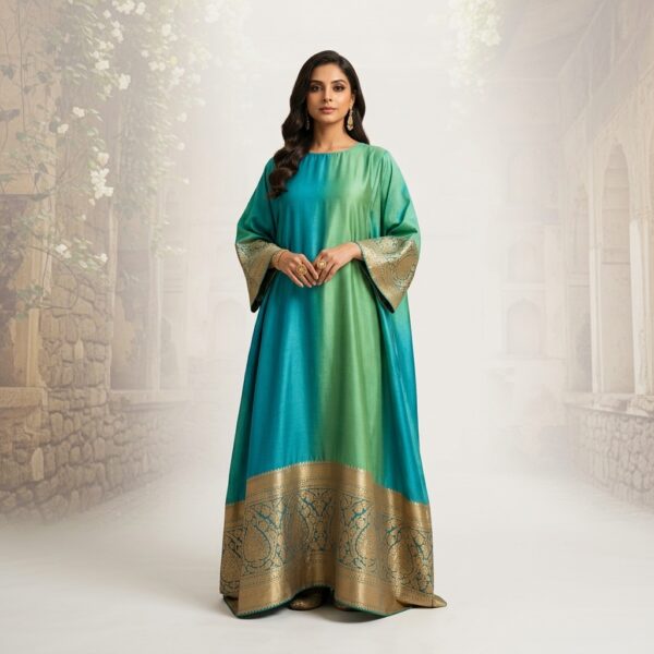 Turquoise Silk Blend Anarkali Kurta for Women - Image 1