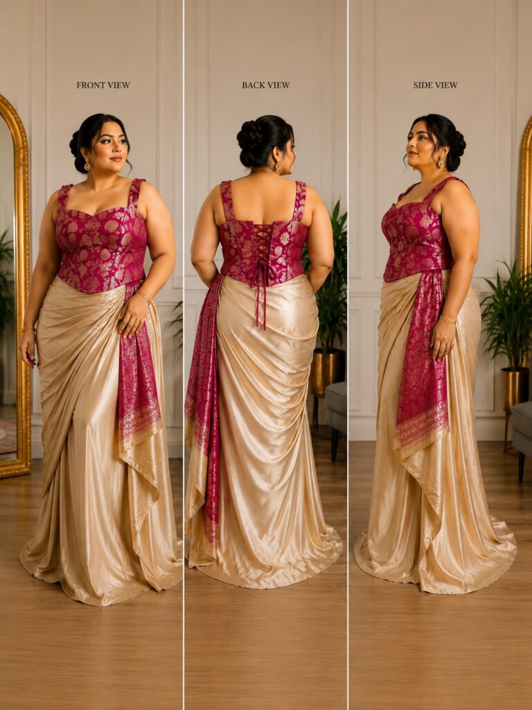 Plus Size Magenta Brocade Corset Blouse with Boning