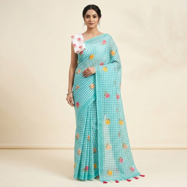 Turquoise Gingham Check printed Saree with Floral Motif print with blouse peice - Image 1