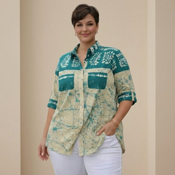 Teal Batik Print Button Down Tunic Shirt for Women - Image 1