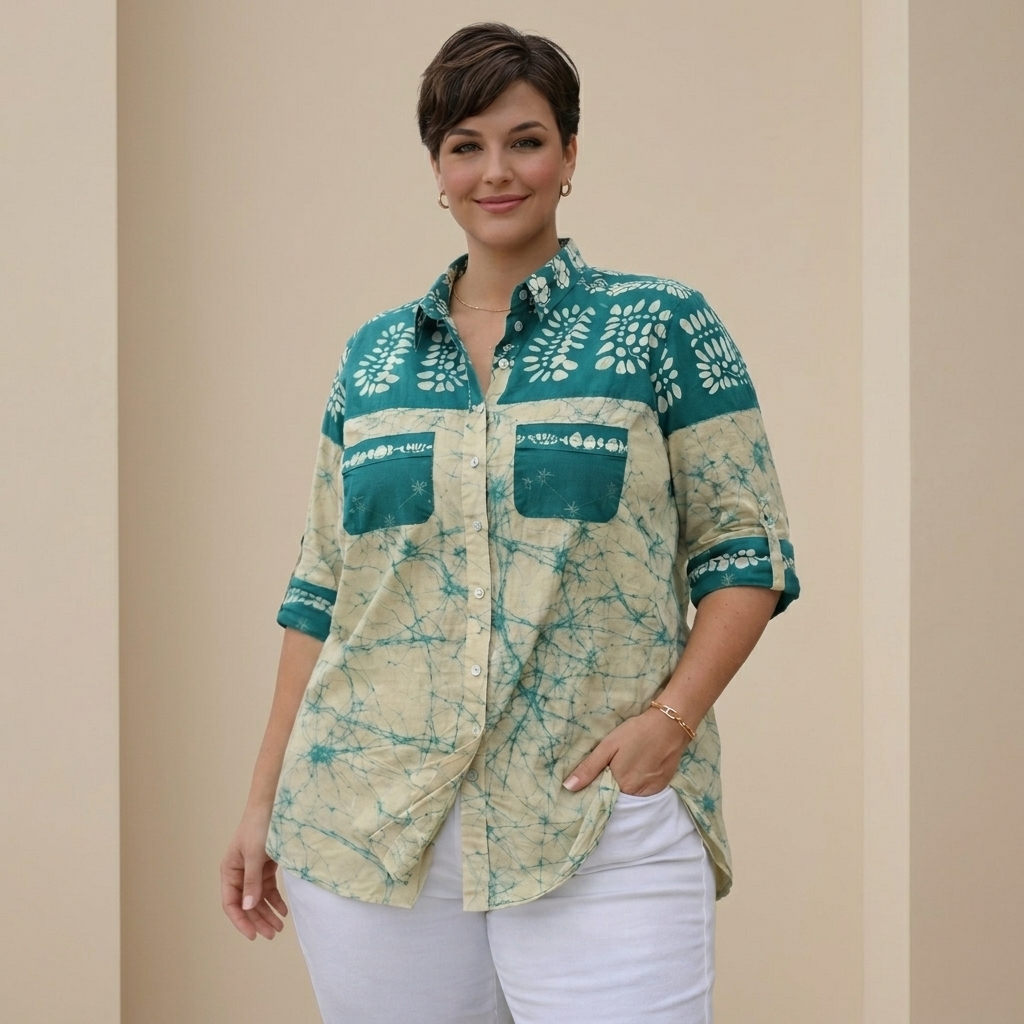 Teal Batik Print Button Down Tunic Shirt for Women