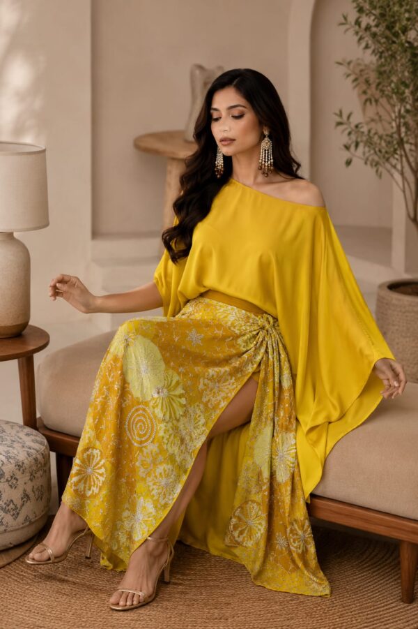 Yellow Embellished  embroided Wrap Skirt with Satin Kaftan Top Set - Image 1