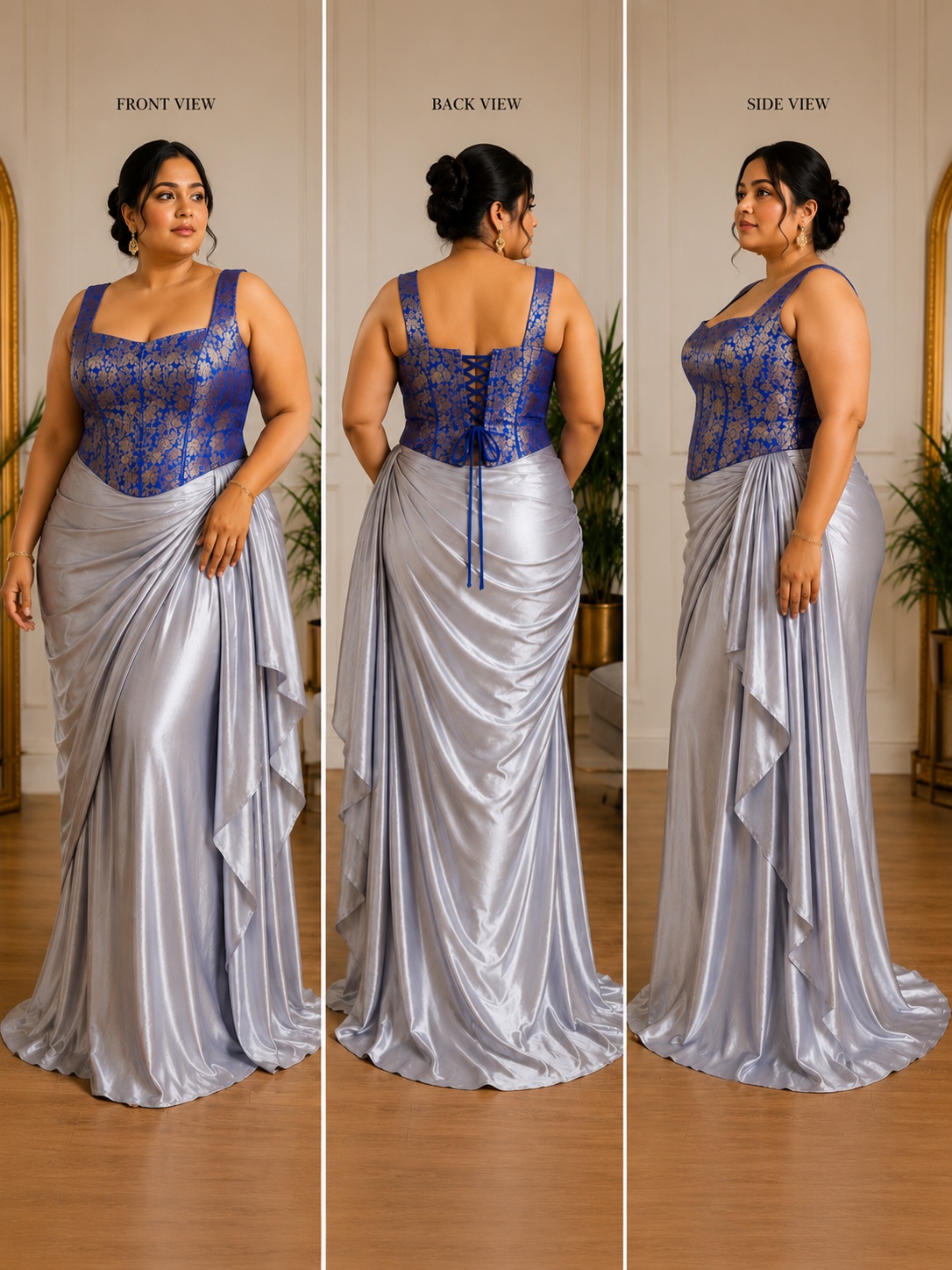 Plus Size Royal Blue Brocade Corset Blouse with Boning