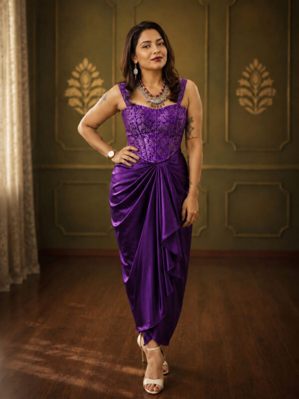Royal Purple Satin Draped Skirt with Purple Brocade Corset Crop Top Set - Image 1