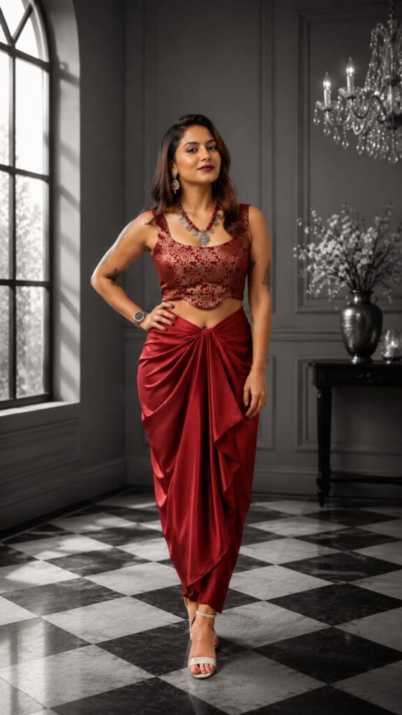 Ruby Red Satin Draped Skirt with Brocade Crop Top Set