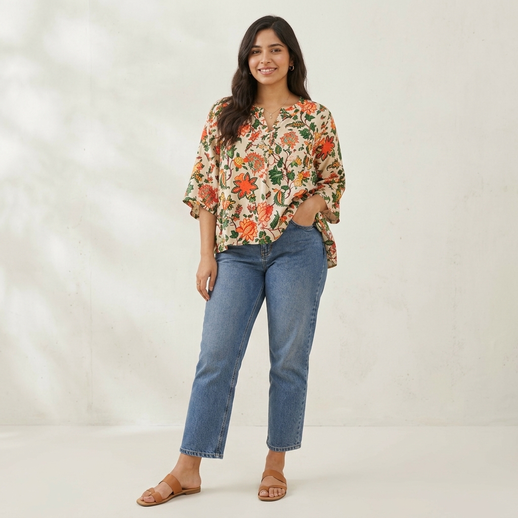 Cream Floral Print Kimono Style Top for Women