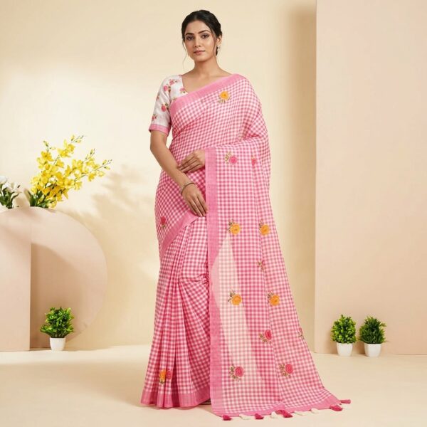 Pink Checkered Embroidered Cotton Saree with Blouse - Image 1