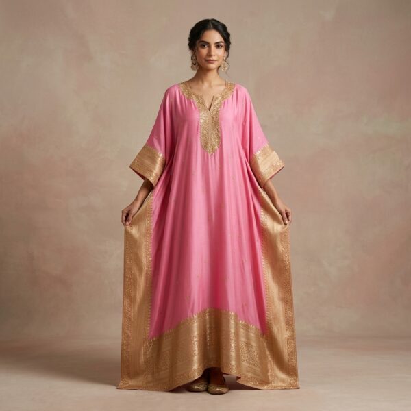 Pink Silk Embroidered zari Kaftan Dress for Women - Image 1