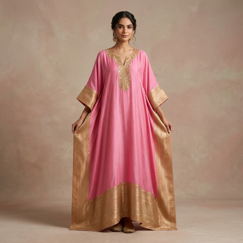 Pink Silk Embroidered zari Kaftan Dress for Women
