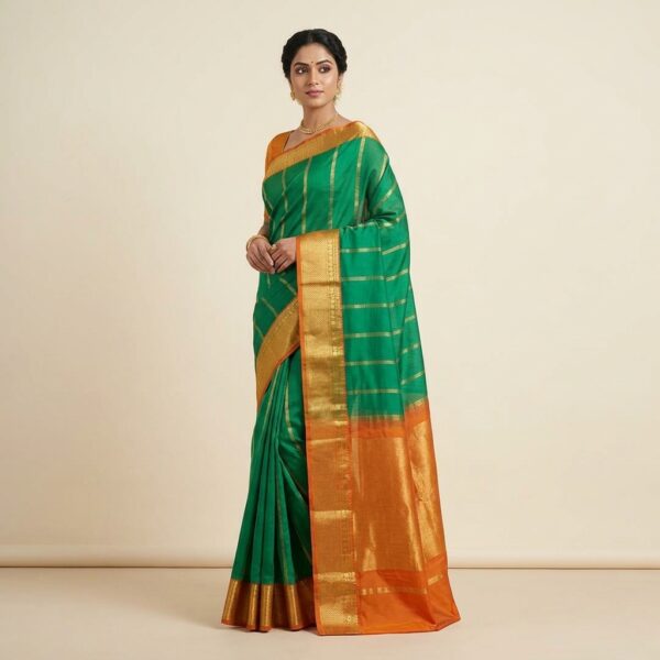 Mustard Yellow with Green Mysore crape Silk Saree with Golden Border - Image 1