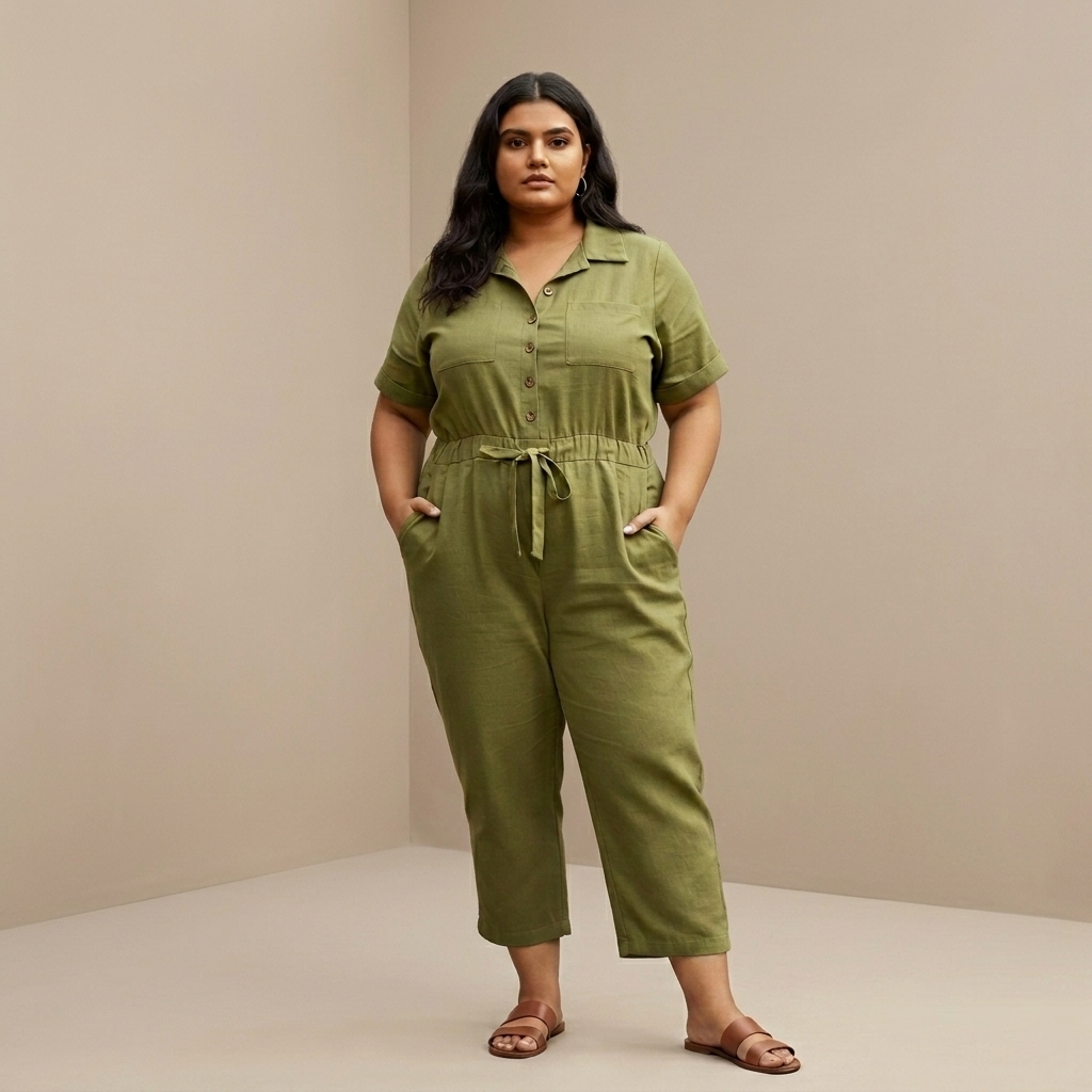 Olive Green Button Down Utility Jumpsuit for Women