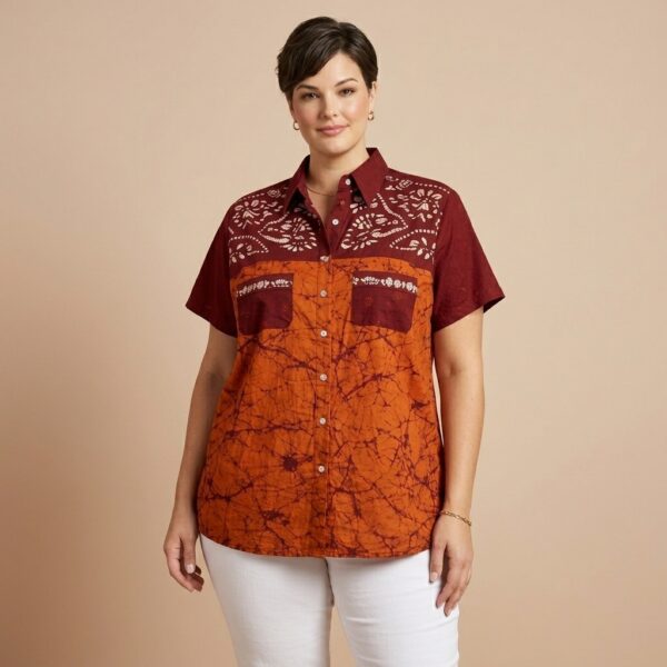 Maroon and Orange Batik Print Button Down Shirt for Women - Image 1
