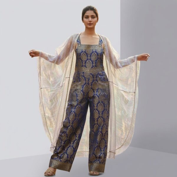 Blue Brocade Jumpsuit With White Sheer Cape for Women - Image 1