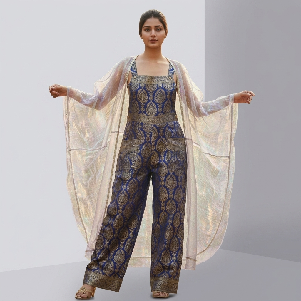 Blue Brocade Jumpsuit With White Sheer Cape for Women