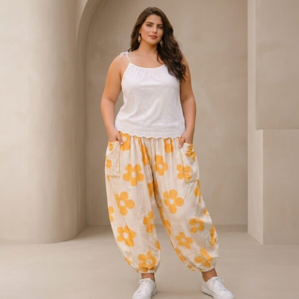 Yellow Floral Print Wide Leg balloonPants for Women - Image 1