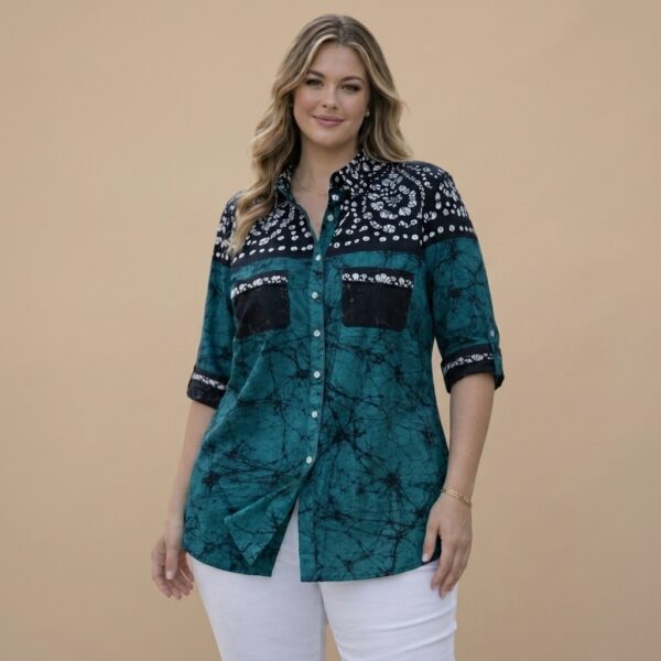 Teal Printed Button-Down Tunic Top for Women - Image 1