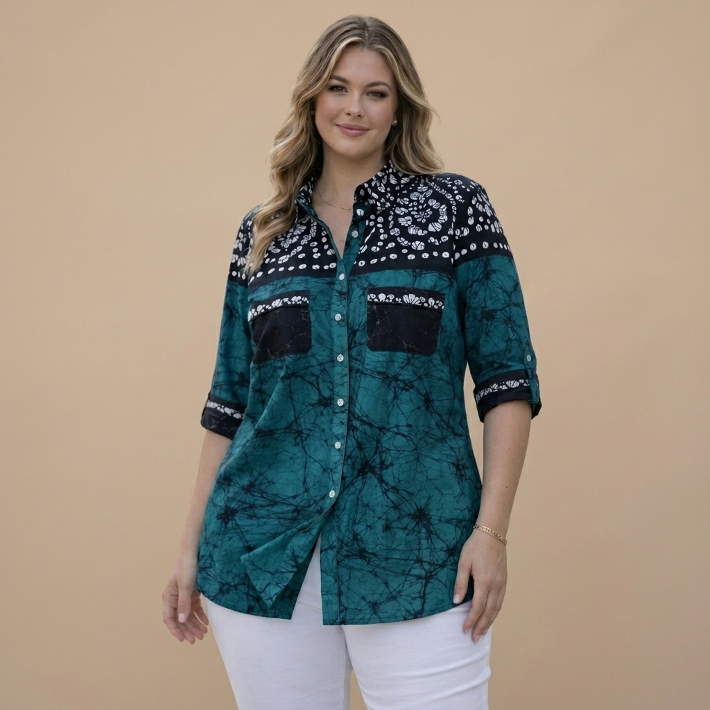 Teal Printed Button-Down Tunic Top for Women