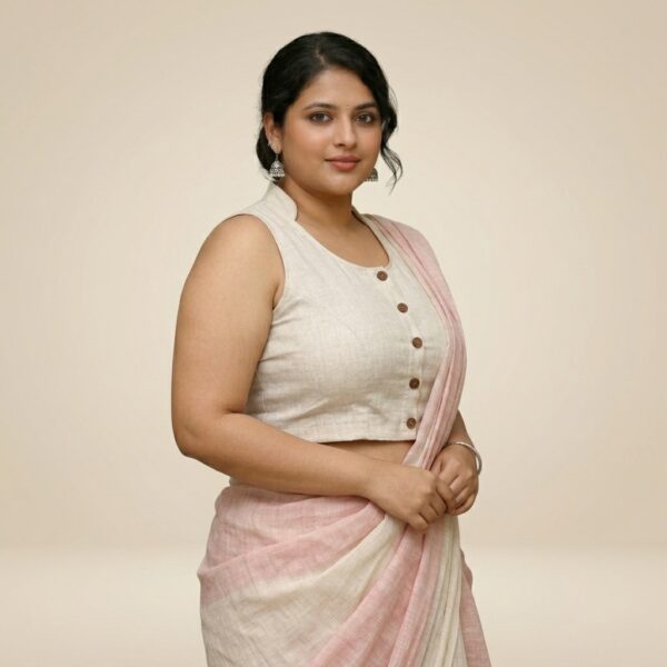White and Pink Linen Saree Blouse for Women - Image 1