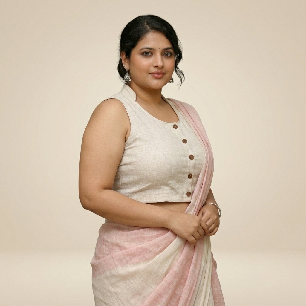 White and Pink Linen Saree Blouse for Women