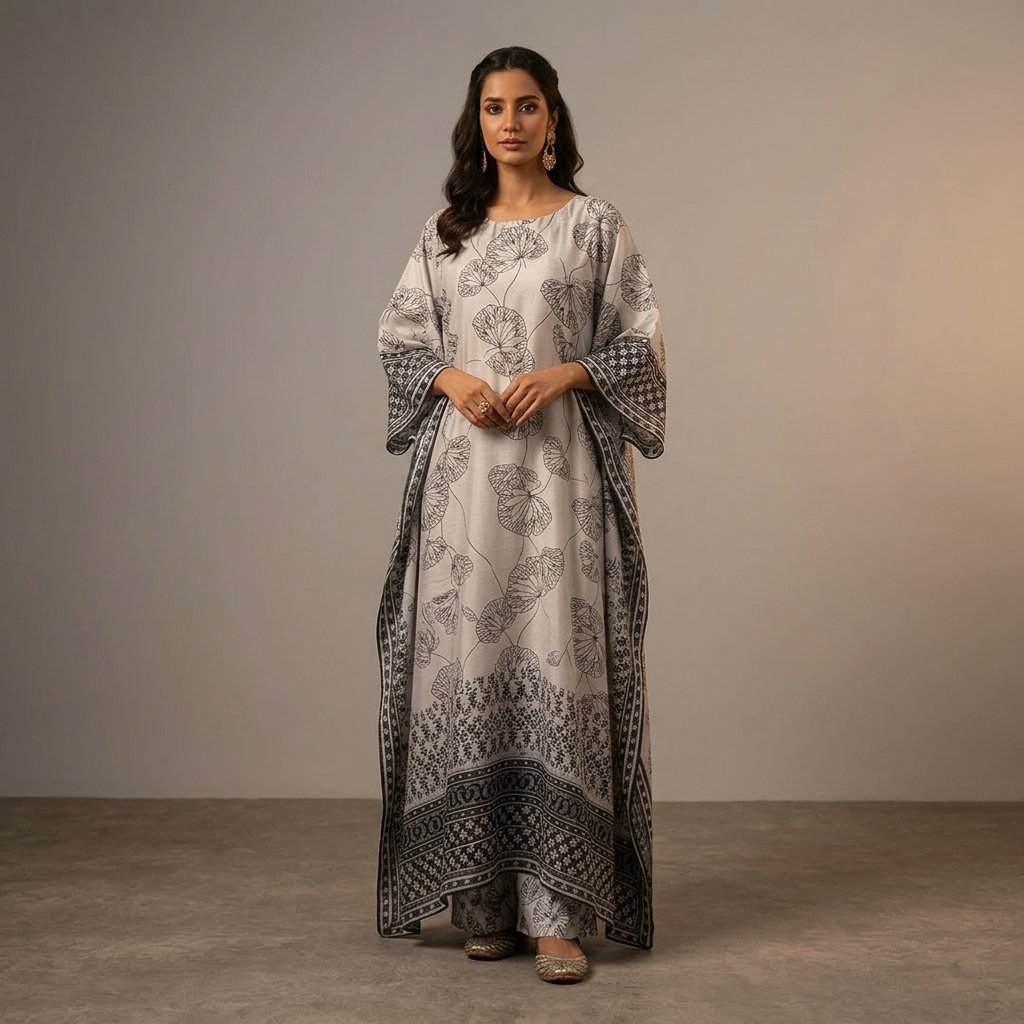 White and black digital printed pure crape KAFTAN  for Women
