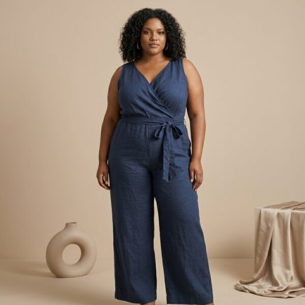 Navy Blue Sleeveless Wrap Jumpsuit for Women - Image 1