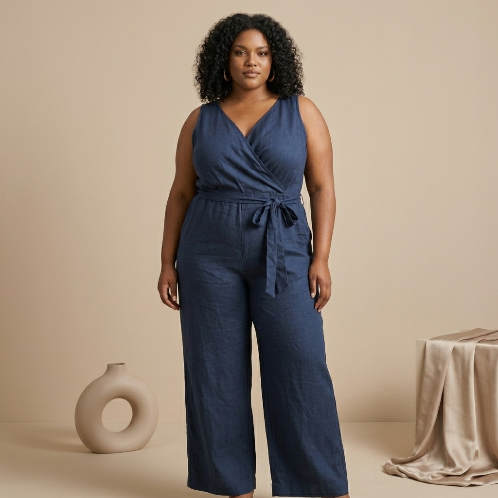 Navy Blue Sleeveless Wrap Jumpsuit for Women