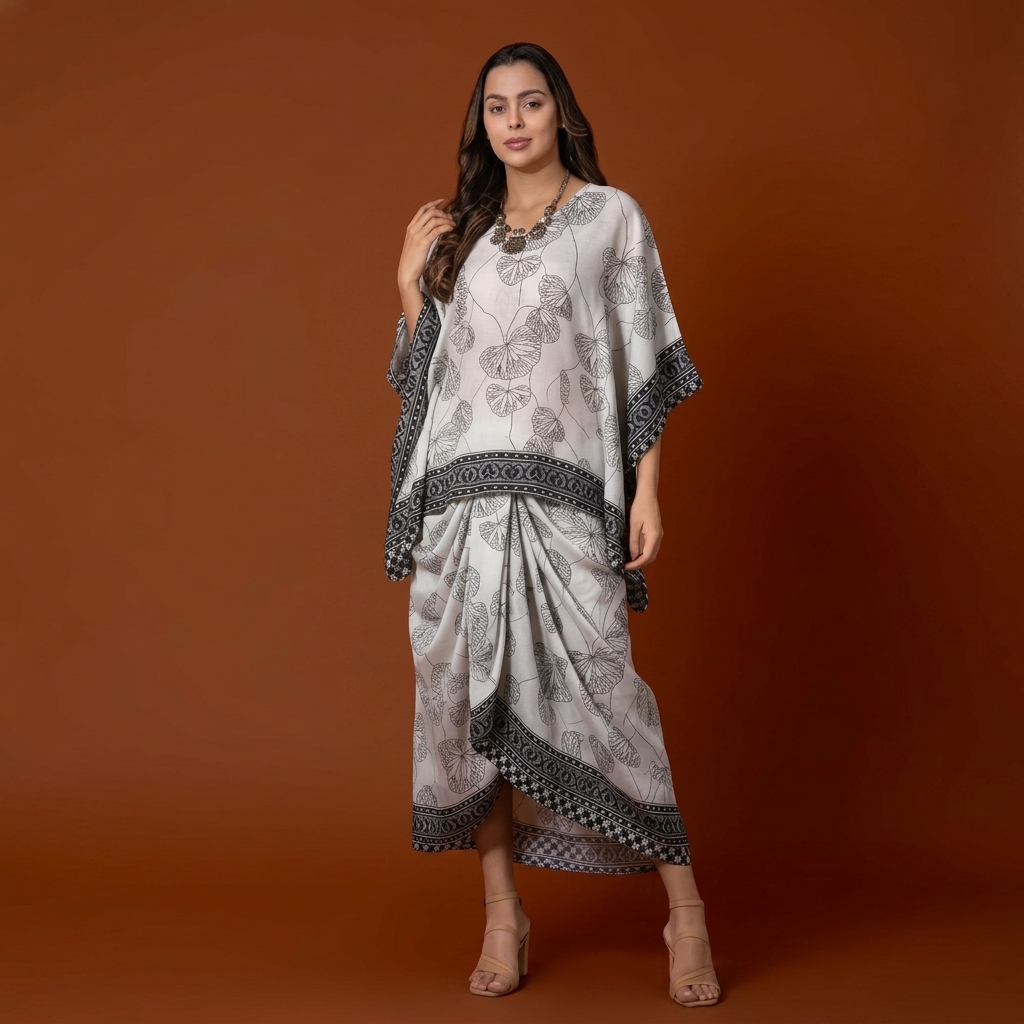 White Butterfly Print Kaftan Dress for Women