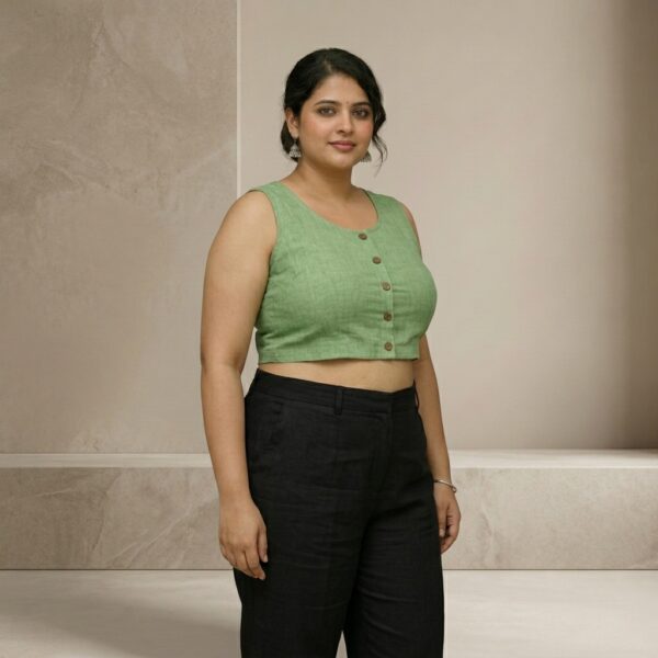 Green pure linen Cotton Sleeveless Blouse With Button Detail For Women - Image 1