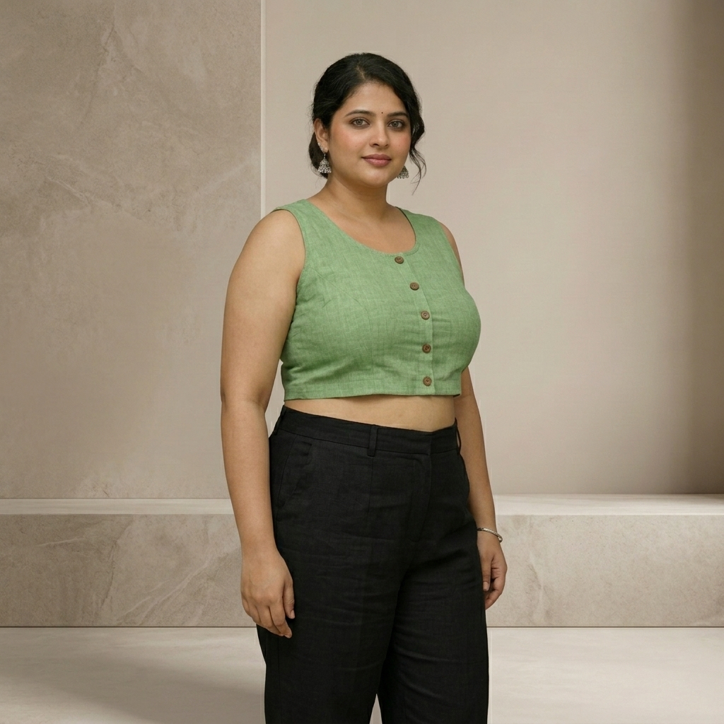 Green pure linen Cotton Sleeveless Blouse With Button Detail For Women