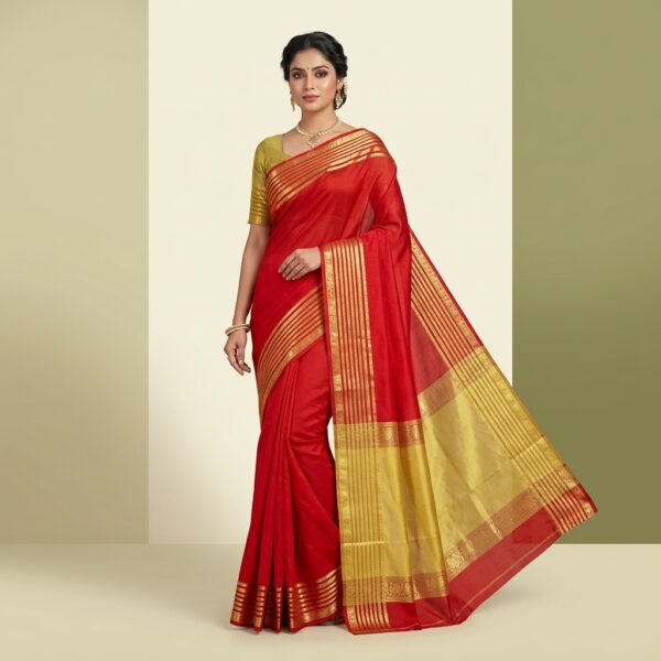 Olive green &Maroon And Gold Mysore crape Silk Traditional Saree With Zari Border - Image 1