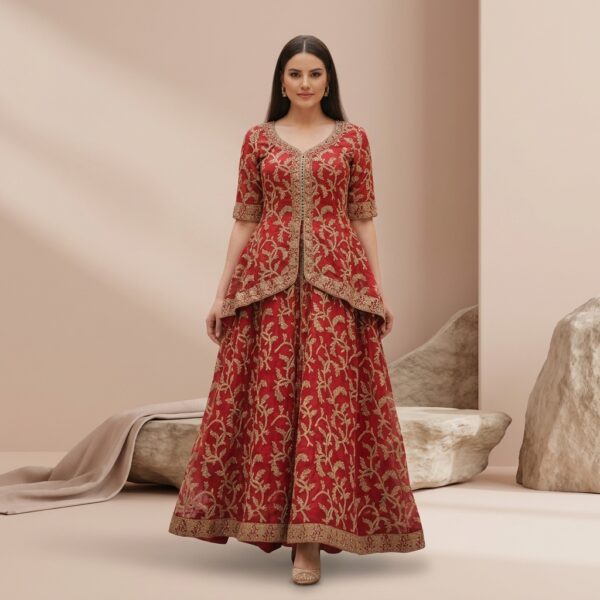 Red Embroidered Silk Blend Anarkali Dress for Women - Image 1