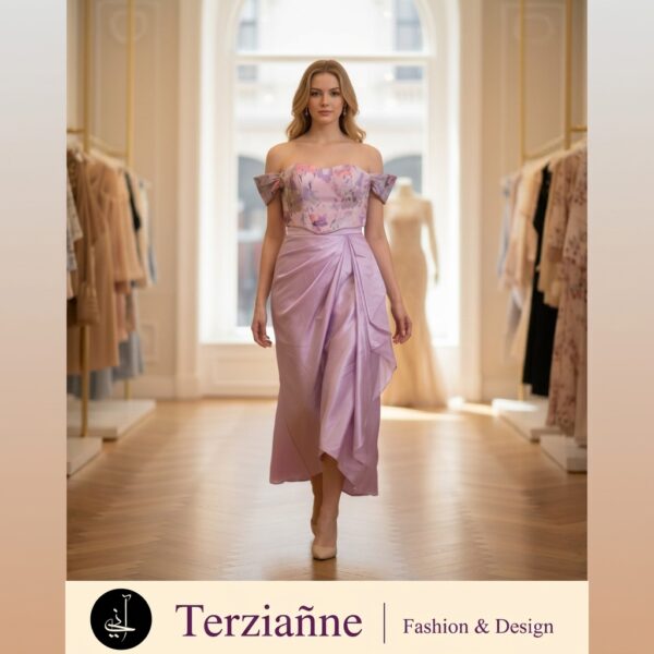 Lilac Satin Off-Shoulder Draped Midi Dress for Women - Image 1