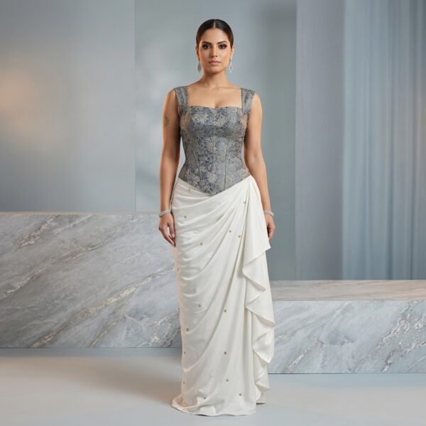 Silver Embellished Corset Top with White Draped Skirt for Women - Image 1