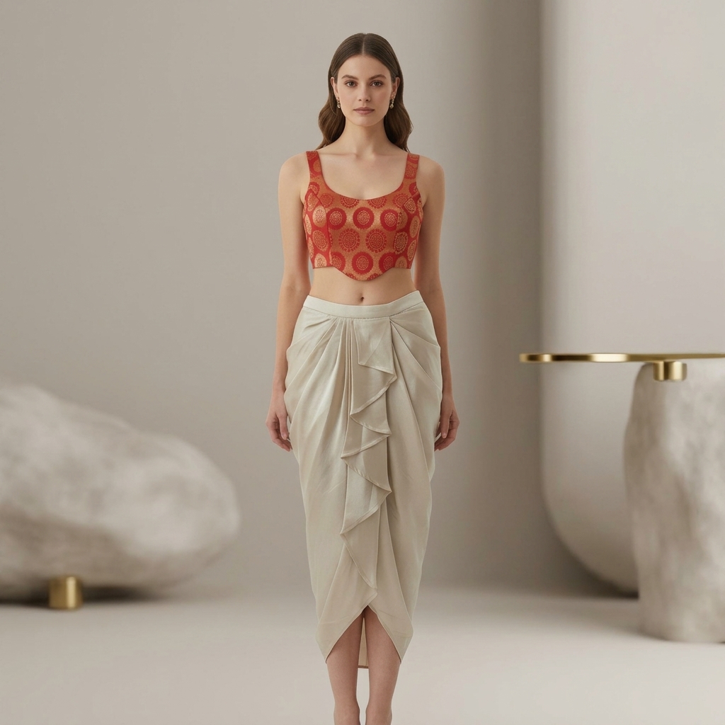 Beige Silk Dhoti Skirt With Ruffled Drape For Women
