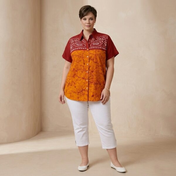 Red And Orange Batik Printed Short Sleeve cotton Shirt For Women - Image 1