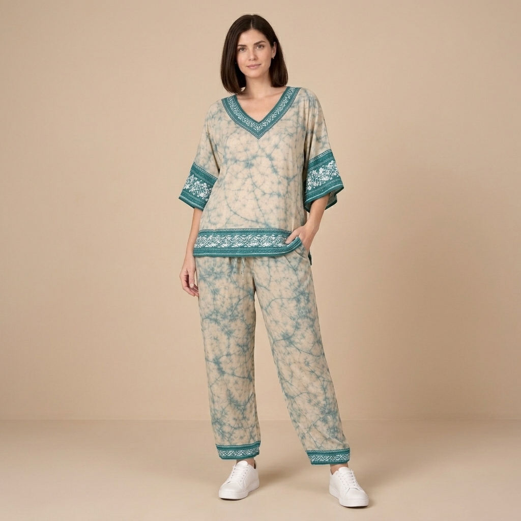 Tie Dye Cotton V-Neck Kaftan Lounge Set for Women