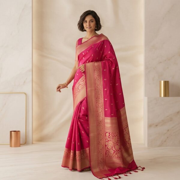 Pink Silk Banarasi Saree with Golden Zari Border for Women - Image 1