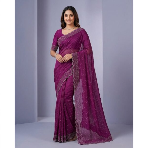 Megenta Tissue crape Embellished Scalloped Saree With unstiched Blouse - Image 1