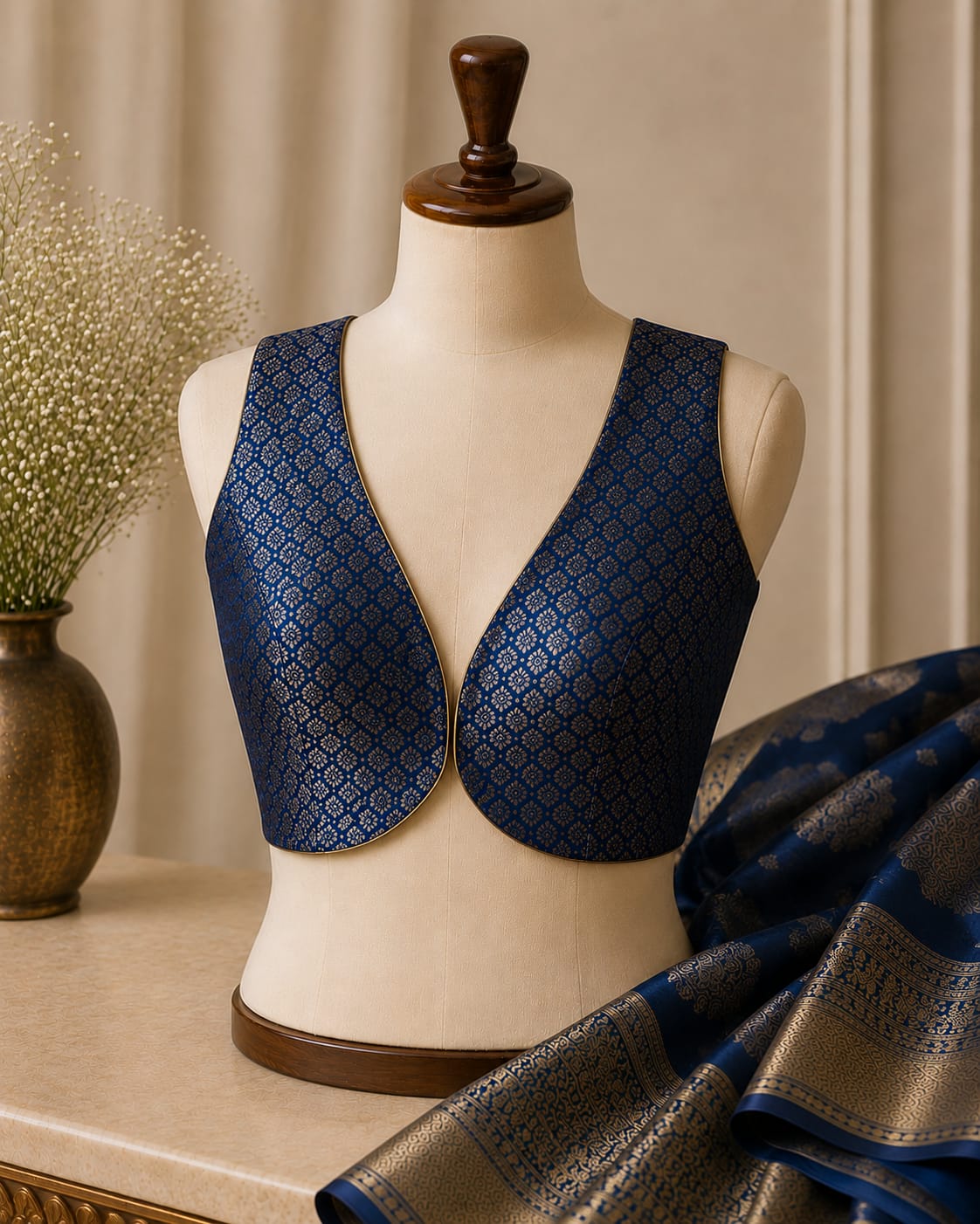 sabyasachi cut navy blue Brocade blouse with sleeveless - Image 1