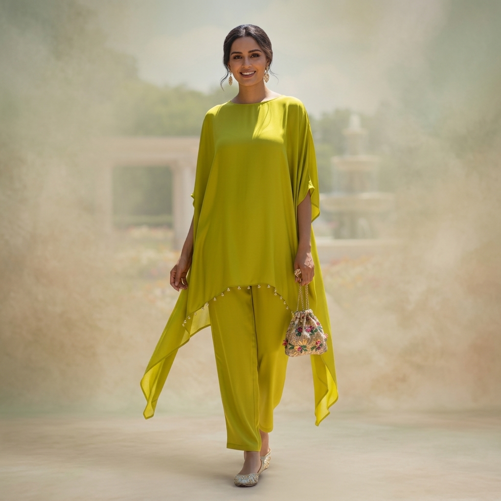 Lime Green Kaftan Kurta Set With Embellished Hem For Women