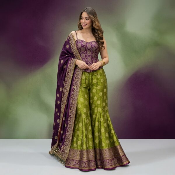 Purple And Green Banarasi Silk Embroidered sharara Lehenga Choli Set - Image 1