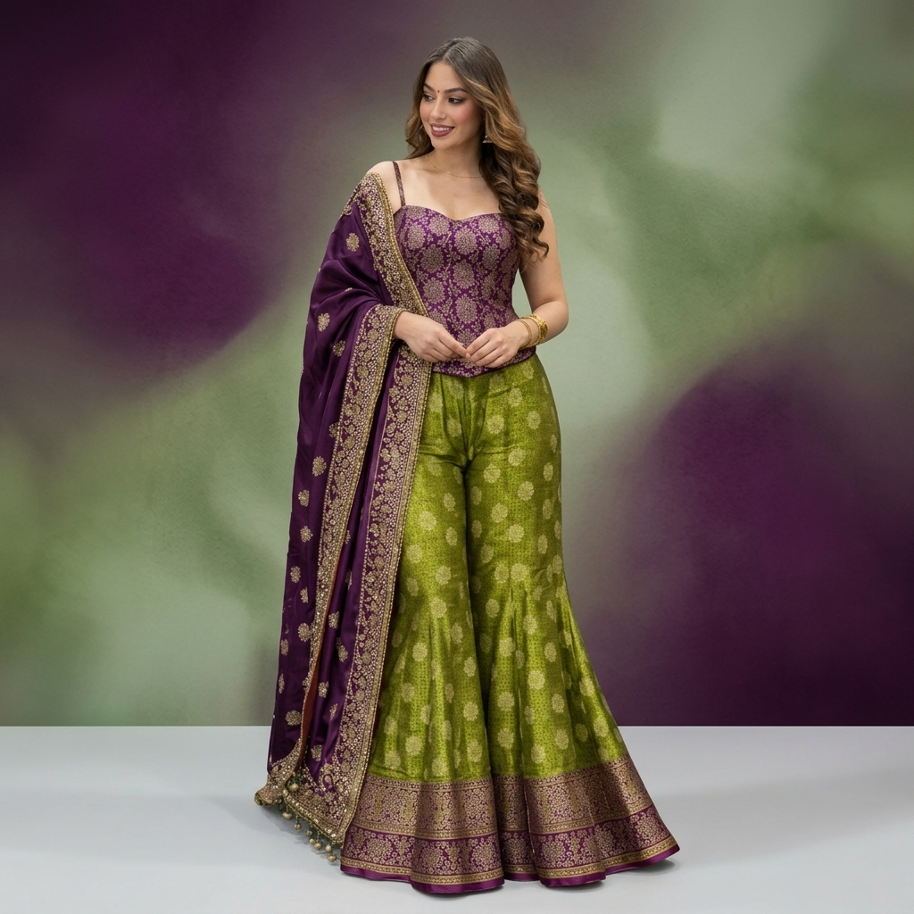 Purple And Green Banarasi Silk Embroidered sharara Lehenga Choli Set