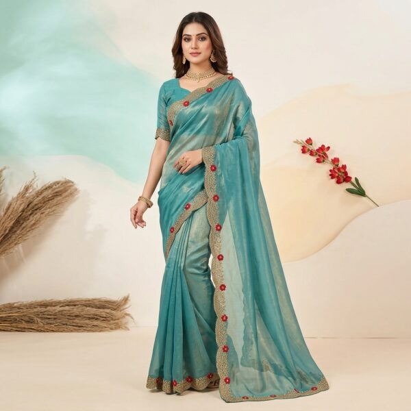 Turquoise Organza Zari Border Saree scallop border - Image 1