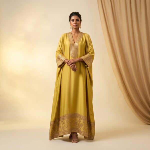 Yellow Silk Embroidered Kaftan for Women - Image 1