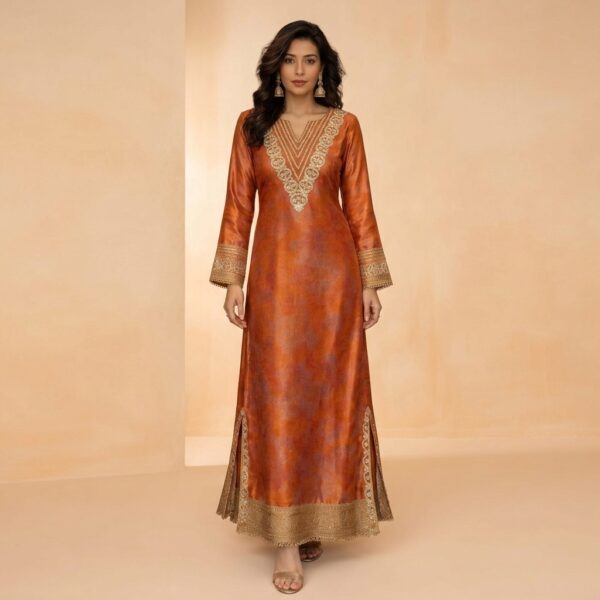 Orange Silk Embroidered V-Neck Aline long Kaftan Dress for Women - Image 1