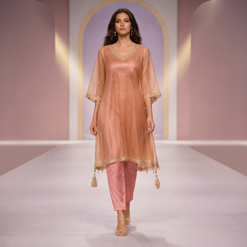 Peach glass tissue Silk Embellished 3 pc kaftan with Pink art silk Pants for Women