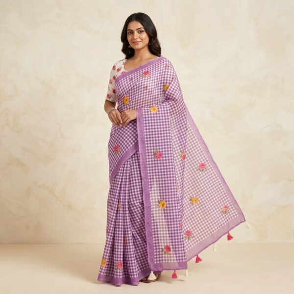 Purple Gingham Check printedCotton Saree with Floral Motif print - Image 1